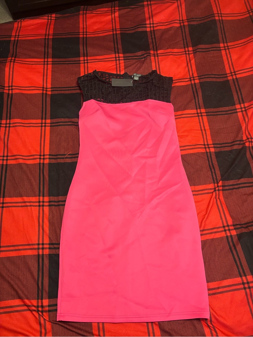 Suzy Shier Hot Pink Sheath Dress with Black Lace Yoke
